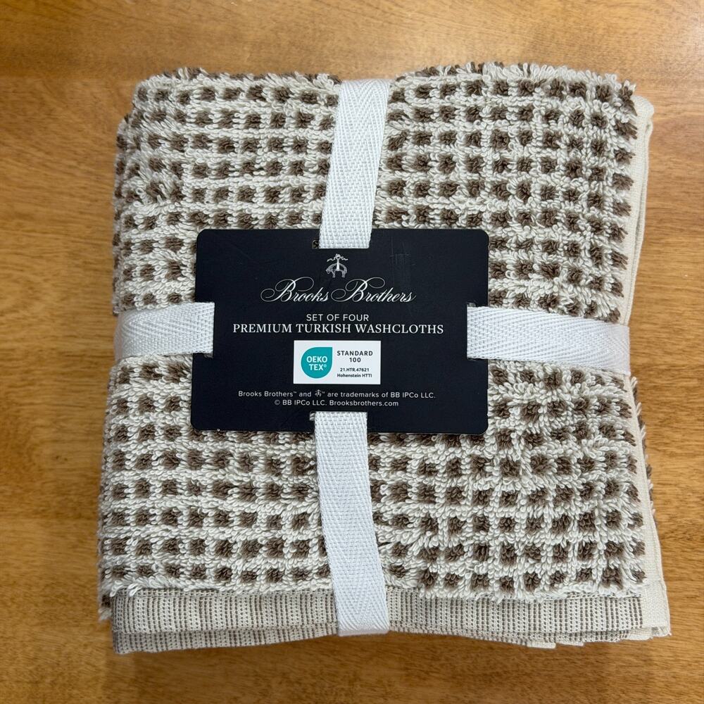 Brooks Brothers Set of 4 Premium Turkish Cotton Washcloths Taupe Ivory Grid NWT